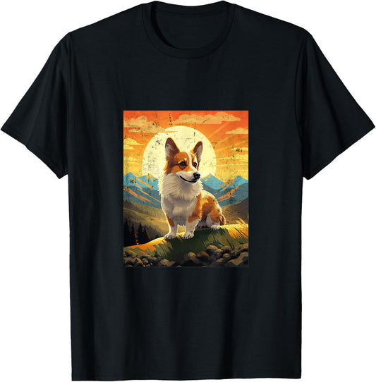Vintage Corgi Dog Snowy Mountain Sunset T-Shirt