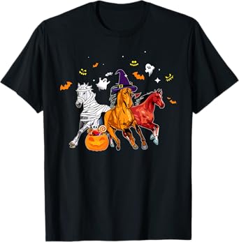 Cute Horse In Halloween Costume Horse Zombie Witch Pumpkin T-Shirt