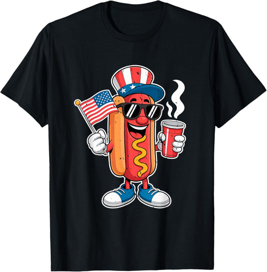 Funny Hot Dog Liberty Brew USA Flag Retro 4th of July T-Shirt
