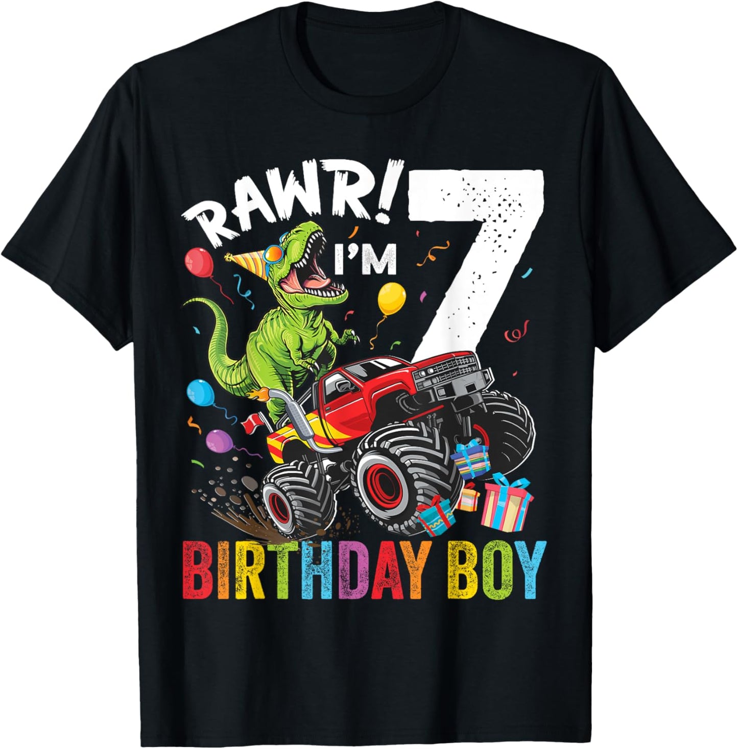 7th Birthday Boy Dinosaur Monster Truck T-Shirt