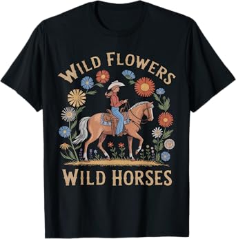 Retro Southern Sunset Wild Cowgirl Flowers - Wild Horses T-Shirt