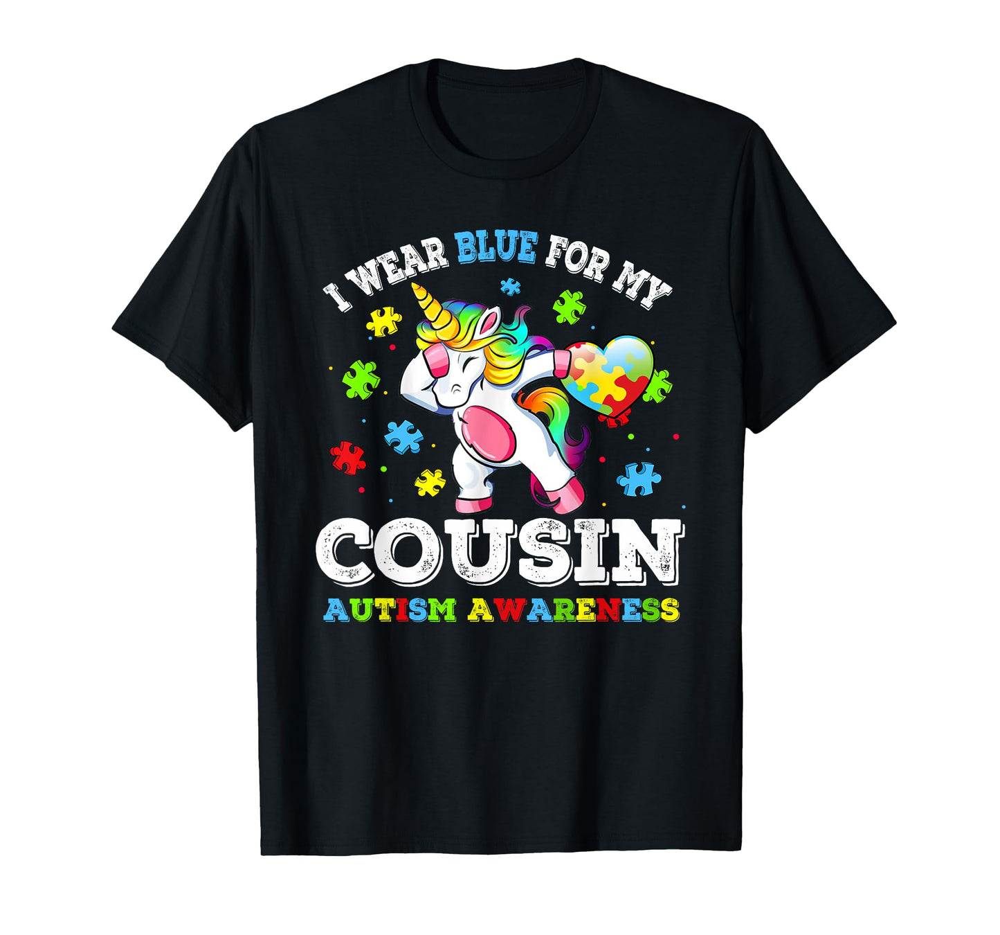 I Wear Blue For My Cousin Autism Dab Unicorn Puzzle Piece T-Shirt