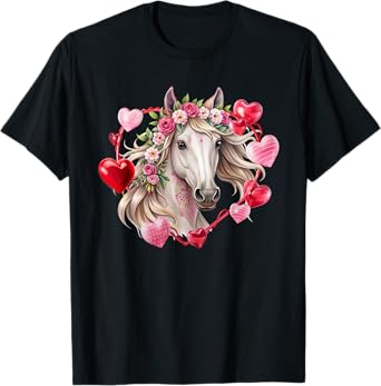 Horse Flowers Hearts Happy Valentine's Day Equestrian T-Shirt