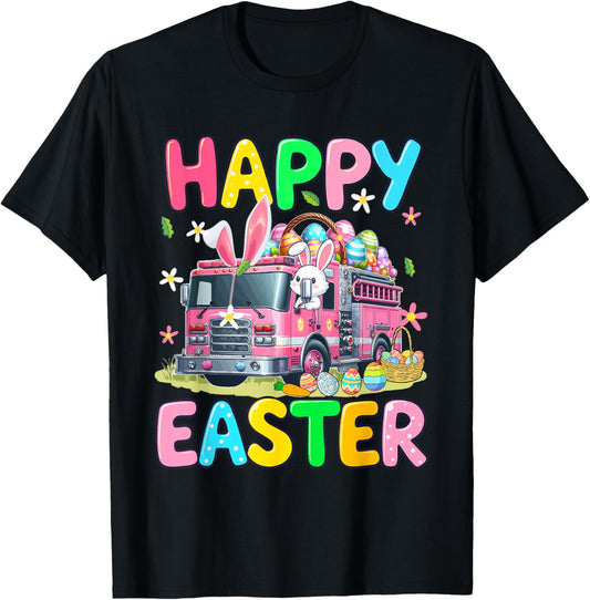 Happy Easter Bunny Driving Firetruck Chocolate Eggs Basket T-Shirt