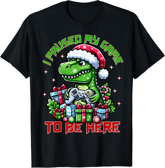 Funny Christmas Gamer T Rex I Paused My Game Boys Kid Gaming T-Shirt