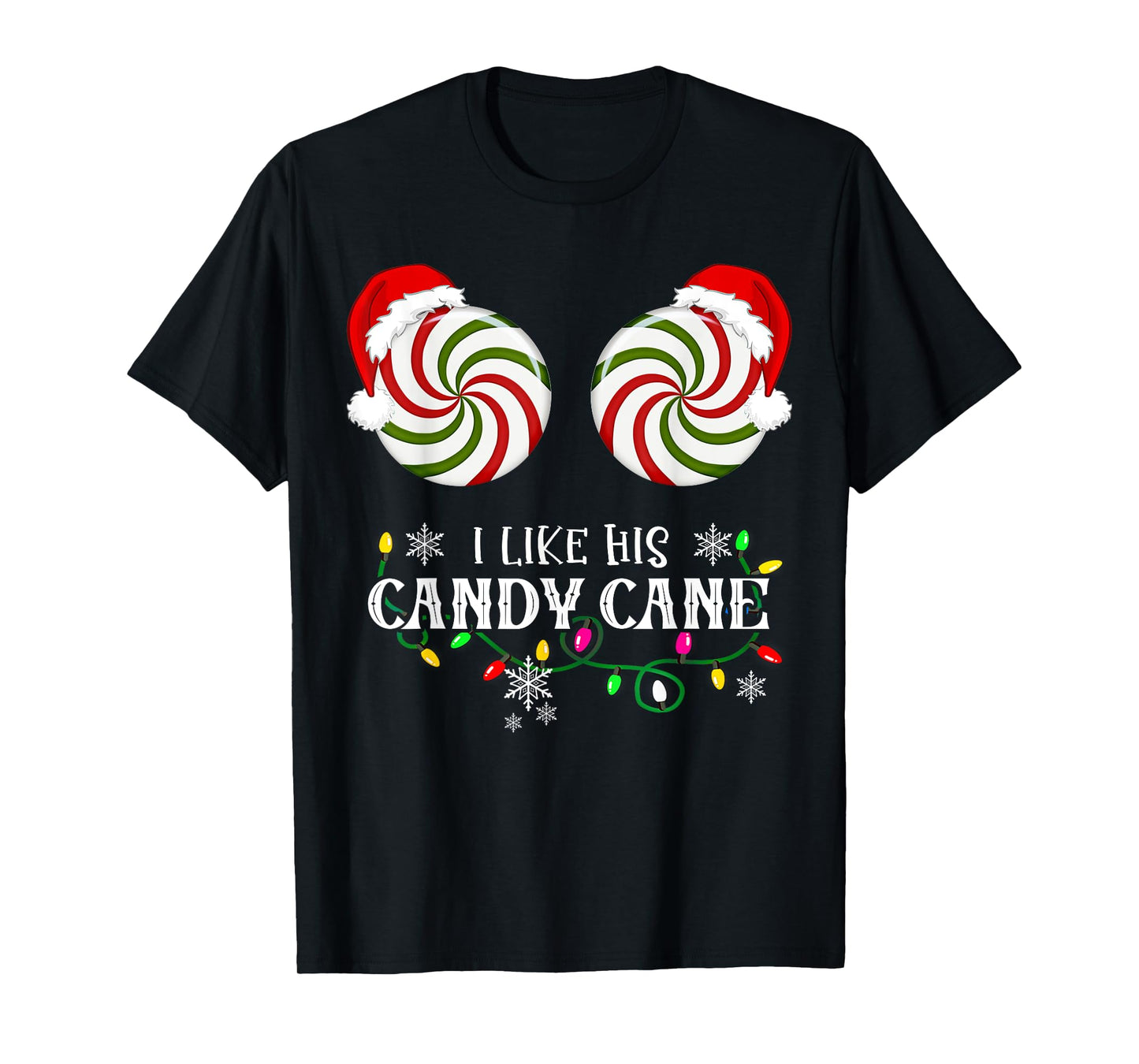Family Christmas Happy Hallothanksmas I Like His Candy Cane I Like Her Peppermint Candies Unisex-Adults Couples Winter Black Plaid T-Shirt