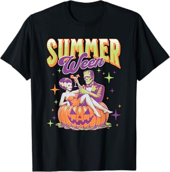 Retro Happy Summerween Funny Frankenstein Monster And Bride T-Shirt