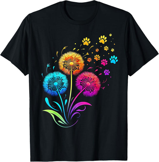 Cute Dog Paw Sunflower Dandelion Colorful Flowers Dog Paw T-Shirt