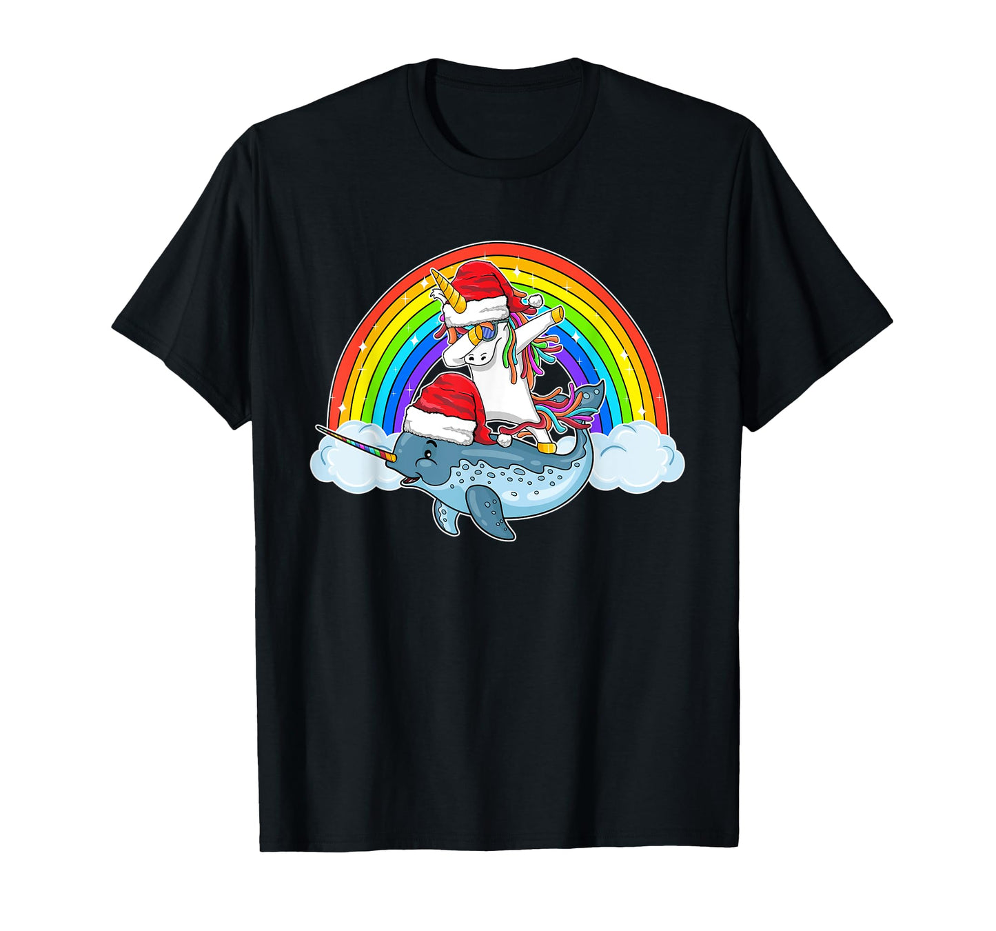 Dabbing Unicorn Riding Narwhal With Santa Hat Christmas T-Shirt