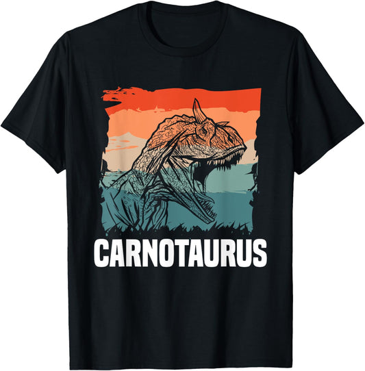 Carnotaurus Lover Gifts Retro Vintage Black Cartoon Animal Print T-Shirt, Unisex-Adults, Unisex-Kids, Classic Fit, Short Sleeve, Crew Neck, Small