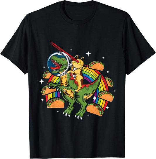 Crazy T-Rex Riding Cat Laser Eye Taco Rainbow Space Dinosaur T-Shirt