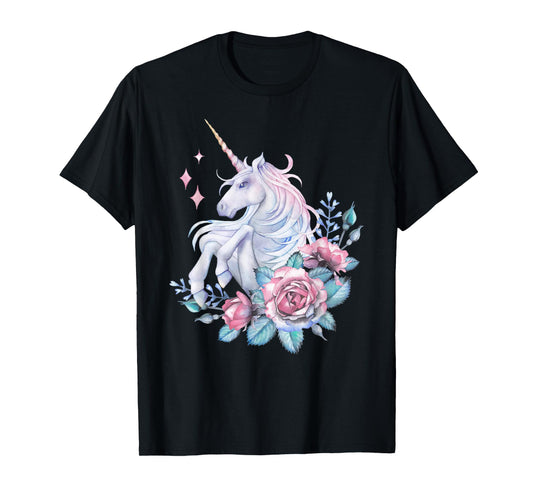 Watercolor Unicorn Horse Purple Blue Pink Flower Floral Rose T-Shirt