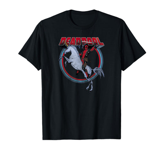 Marvel Deadpool Riding A Unicorn Circle Graphic T-Shirt C1 T-Shirt