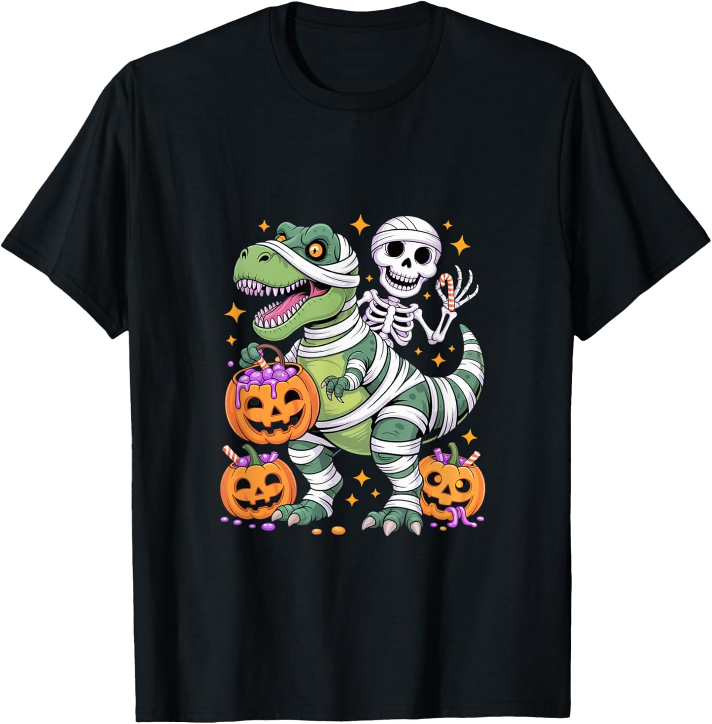Skeleton Riding Dinosaur T Rex Halloween Moon Chase Scene T-Shirt