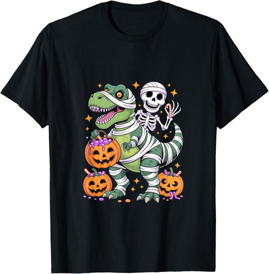 Skeleton Riding Dinosaur T Rex Halloween Moon Chase Scene T-Shirt