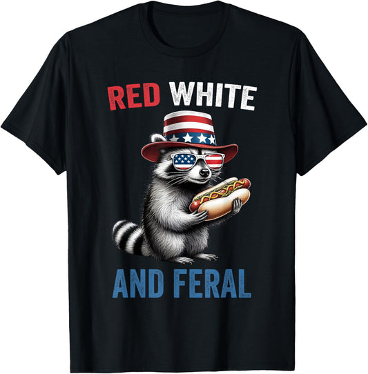 Red White And Feral Funny Raccoon Hot Dog USA 4th Of July T-Shirt
