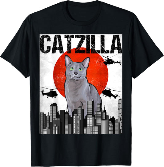 Funny Vintage Japanese Catzilla Russian Blue Cat T-Shirt