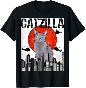 Funny Vintage Japanese Catzilla Russian Blue Cat Men Women T-Shirt