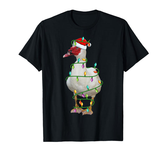 Xmas Lights Santa Hat Muscovy Duck Bird Christmas T-Shirt