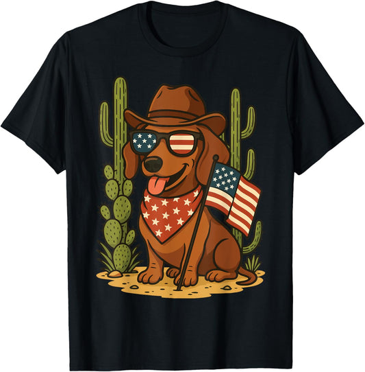 Dachshund Cowboy Us Flag 4th of July Cowboy T-shirt