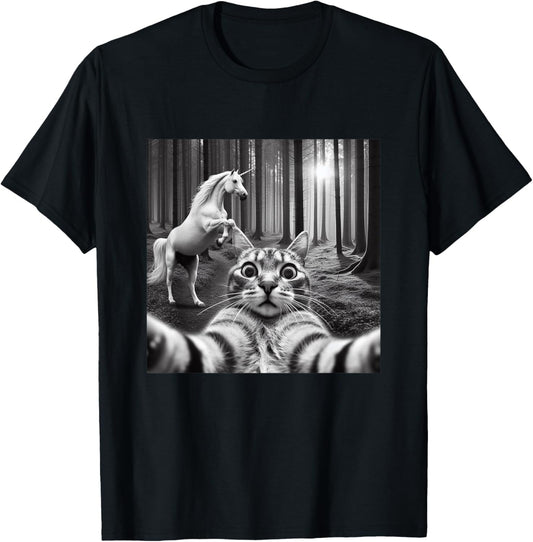 Funny Surprised And Scared Cat Taking Selfie With Unicorn T-Shirt