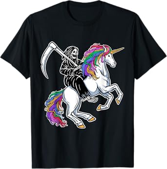 Grim Reaper Riding Unicorn Rainbow Skeleton Halloween T-Shirt
