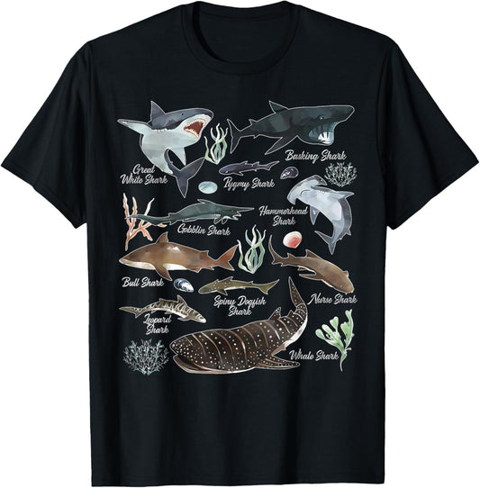Types Of Sharks Educational Colorful Ocean Marine Sea T-Shirt