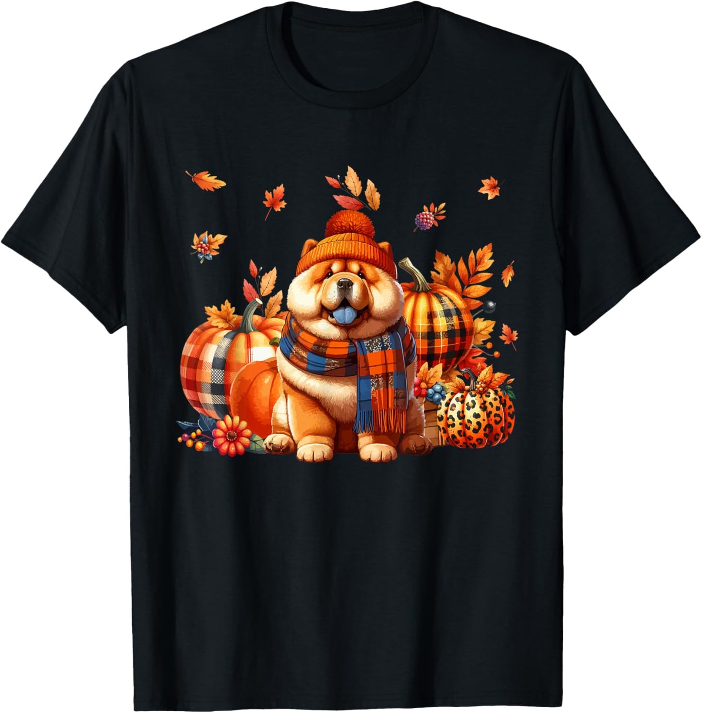 Chow Chow Thanksgiving Leopard Pumpkins Fall Leaves Lover T-Shirt
