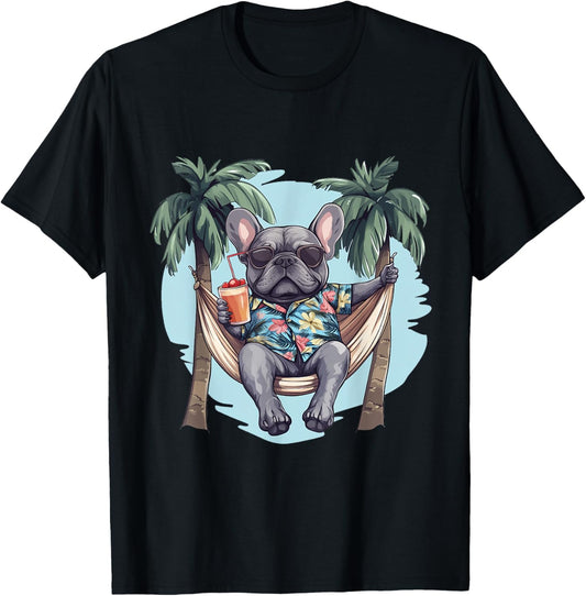 Cool Hawaiian French Bulldog Hammock Palm Trees Beach Vibes T-Shirt