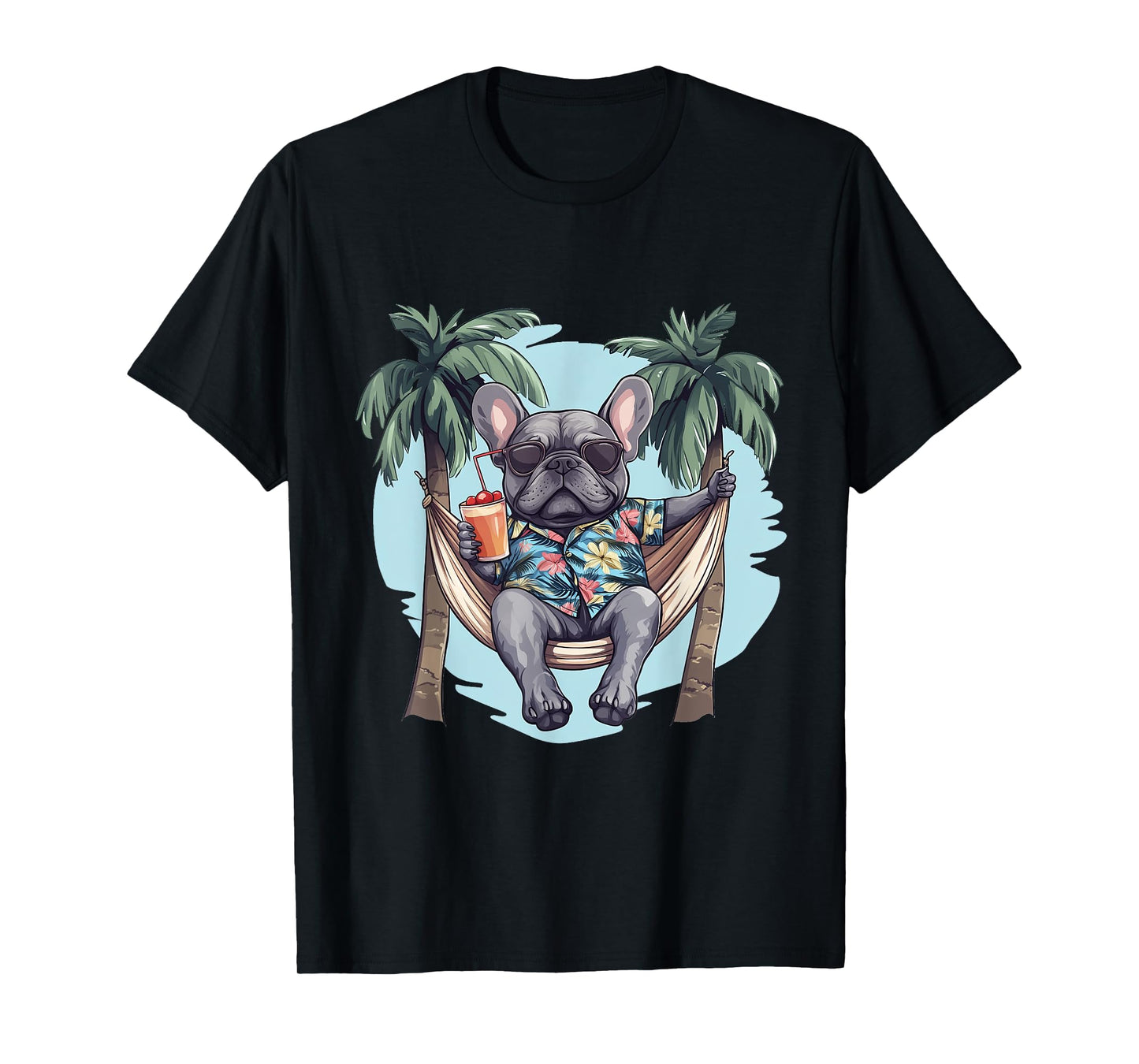 Cool Hawaiian French Bulldog Hammock Palm Trees Beach Vibes Men Women Kids T-Shirt