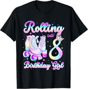 Kids Rolling Into 8 Roller Skating 8th Birthday Girl Party T-Shirt