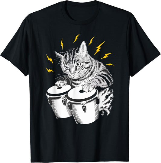 Rockstar Bongo Player Cat on Cat Bongos T-Shirt