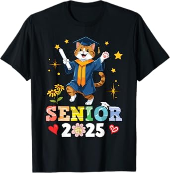 Cute Cat Senior 2025 Graduation School College University T-Shirt for Men Women Kids