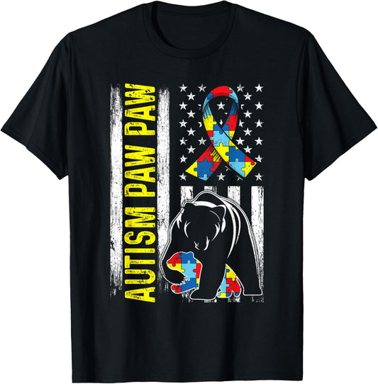Distressed American Flag Autism Paw Paw Bear Awareness T-Shirt for Women Kids Men