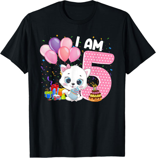 5 Years Old 5th Birthday Gift Kitty Girl Loves Cute Meow Cat T-Shirt