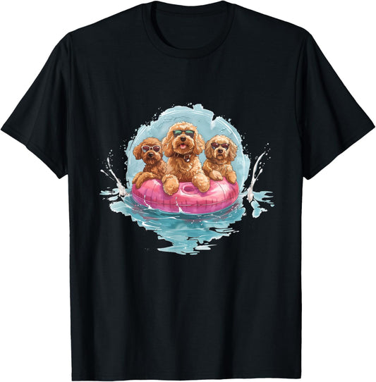 Funny Goldendoodle Dogs Summer Pool Floaty Sunglasses Pink T-Shirt
