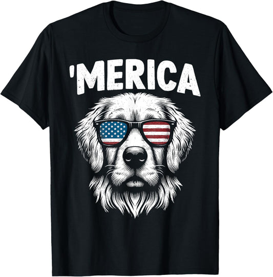 Merica Golden Retriever America Flag 4th Of July Funny T-Shirt