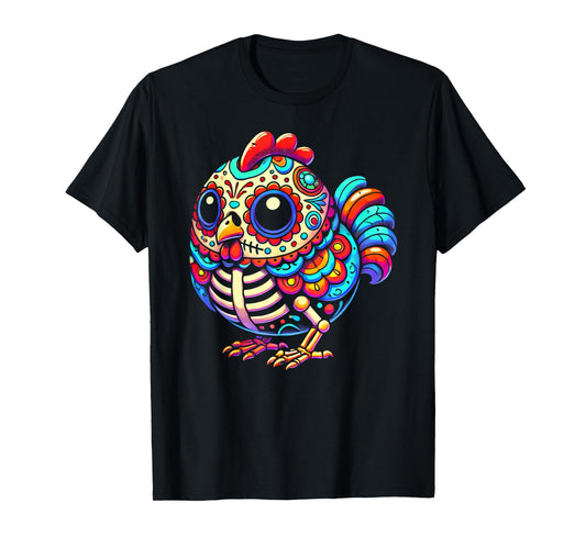 Colorful Sugar Skull Chicken Día de los Muertos Fun Skeleton T-Shirt