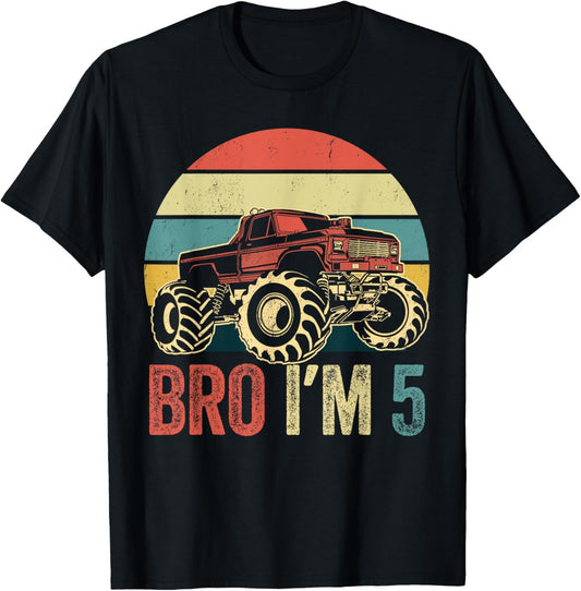 Bro I'm 5 Monster Trucks 5th Birthday Boy Jam Retro Boys Tee T-Shirt