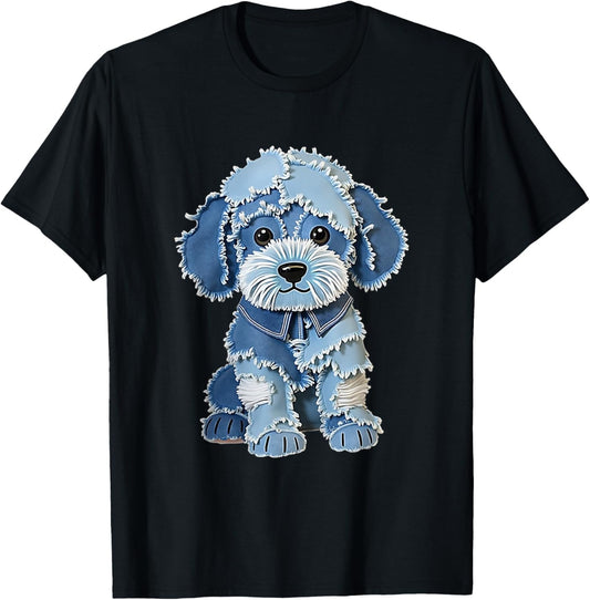 Retro Funny Denim Patch Animal Dog Print T-Shirt