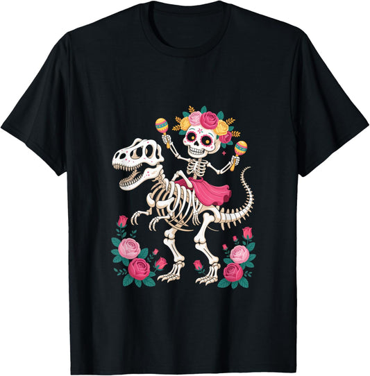Skeleton Riding Dinosaur T Rex Halloween Moon Chase Scene T-Shirt