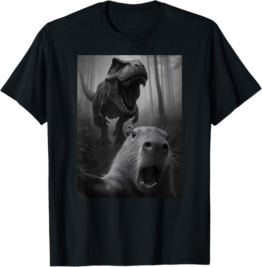 Funny Capybara Dinosaur Trex Selfie Animal Lover Boys Girls T-Shirt