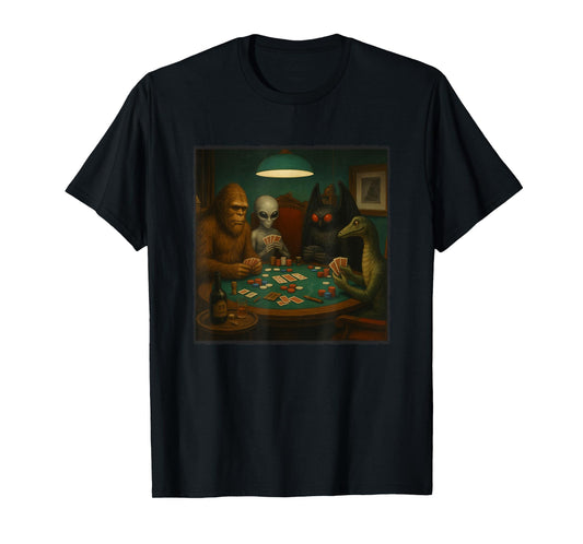 Cryptids Playing Poker Funny Alien Bigfoot Mothman Nessie T-Shirt