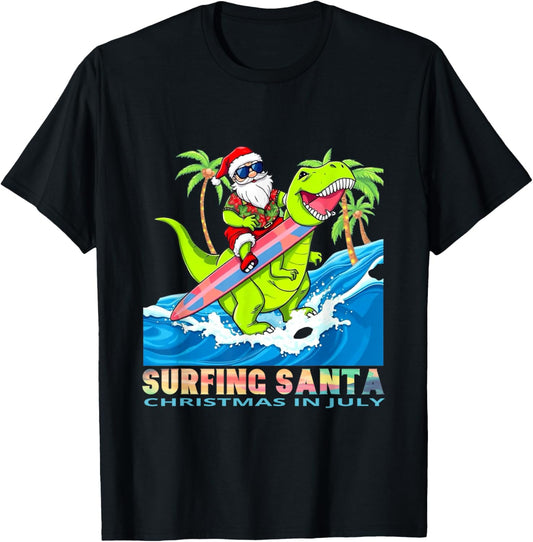 Surfing Santa Dinosaur Christmas in July graphic Fun T-Shirt