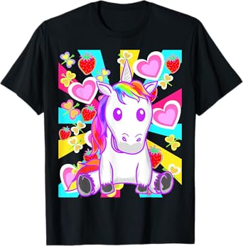 Retro Summer Time Unicorn Strawberries Butterfly T-Shirt