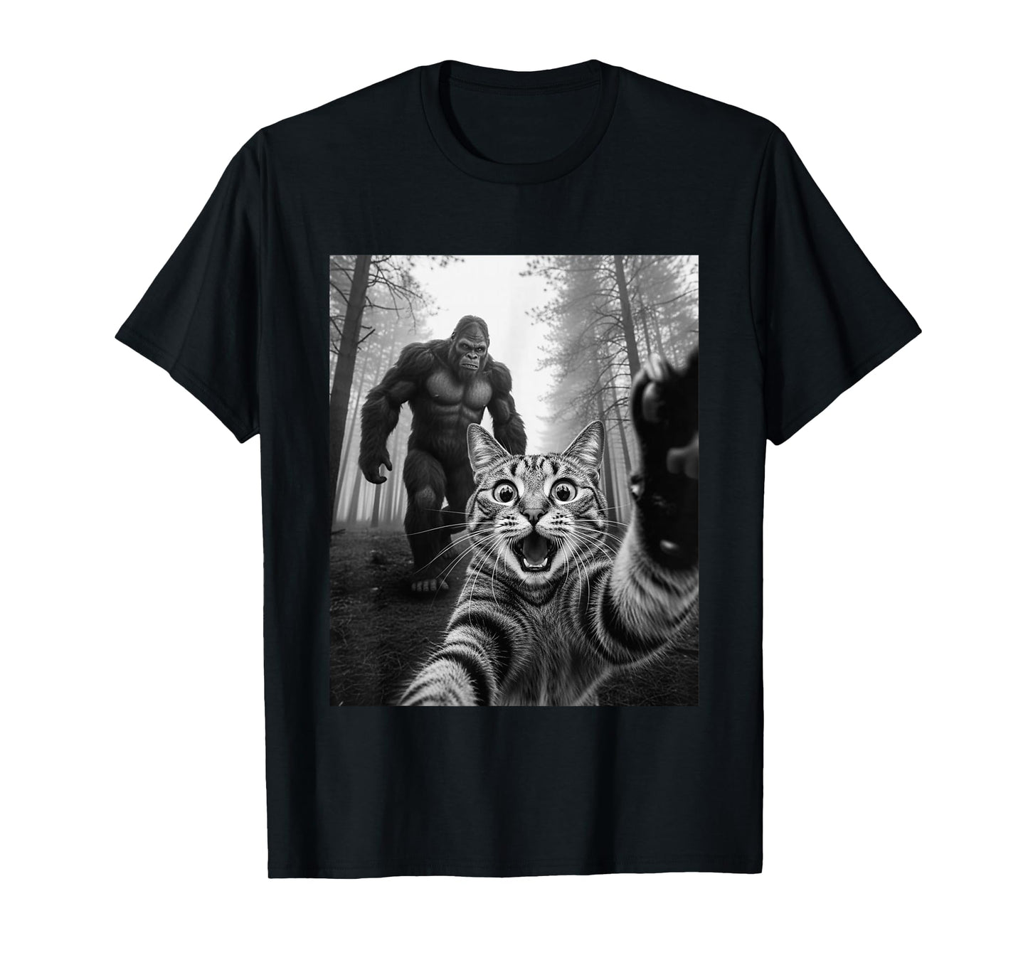 Surprised Cat Selfie with Angry Bigfoot Sasquatch Cat Meme T-Shirt