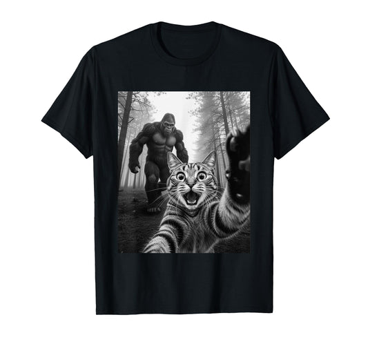 Surprised Cat Selfie with Angry Bigfoot Sasquatch Cat Meme T-Shirt