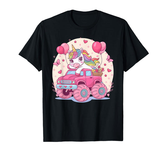 Cute Unicorn Riding A Pink Monster Truck Girl Birthday Party T-Shirt