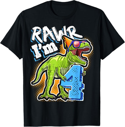 Kids Rawr I'm 4 4th Birthday T Rex Dinosaur Party Gift Boys T-Shirt