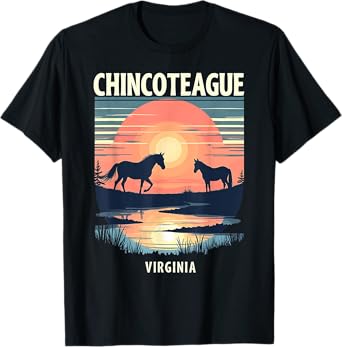 Retro Sunset Horse Silhouettes Chincoteague Virginia T-Shirt